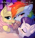 2018 animal_genitalia animal_penis ball_suck balls blush dialogue digital_media_(artwork) english_text equine equine_penis eyelashes eyes_closed faceless_male female feral fluttershy_(mlp) friendship_is_magic group hair hi_res hioshiru horn licking looking_at_viewer male male/female mammal multicolored_hair my_little_pony oral penis pink_hair rainbow_dash_(mlp) rainbow_hair rarity_(mlp) sex sucking text tongue tongue_out unicorn vein 