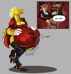 absurd_res anthro avian bare_thighs beak belly big_belly big_breasts bird blonde_hair blue_eyes breasts canid canine cheek_tuft chocobo cleavage clothed clothing dipstick_feathers endosoma english_text facial_tuft feather_hair feathered_crest feathers feet female female_pred female_prey final_fantasy fox group hair head_crest hi_res holding_belly huge_belly jacket legwear lira_(lira13) mammal multiple_prey non-mammal_breasts pseudo_hair red_clothing robomax safe_vore simple_background sound_effects square_enix standing tail tail_feathers talons taur text thick_thighs thigh_highs toes topwear trio tuft underwear vore wednesday_(robomax) winged_arms wings yellow_body yellow_feathers