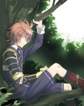  armor boots brown_eyes brown_hair cross-laced_footwear gotou_toushirou in_tree japanese_armor kuronomine lace-up_boots looking_down male_focus military military_uniform necktie profile shorts shoulder_armor sitting sode touken_ranbu tree uniform 