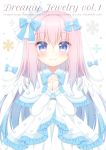  animal_ears artist_name bangs blue_bow blue_eyes blush bow bunny_ears capelet closed_mouth commentary_request crescent dress ears_down eyebrows_visible_through_hair feathered_wings fur-trimmed_capelet fur_trim hair_between_eyes hair_bow hands_clasped himetsuki_luna looking_at_viewer mini_wings original own_hands_together smile solo white_background white_capelet white_dress white_wings wings 