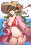  absurdres ass_visible_through_thighs bikini blurry bracelet braid breasts chiki choker cleavage cowboy_shot day depth_of_field earrings fire_emblem fire_emblem:_kakusei fire_emblem:_monshou_no_nazo fire_emblem_heroes flower green_eyes green_hair hat hat_flower highres horizon jewelry large_breasts long_hair looking_at_viewer mamkute nail_polish navel outdoors paid_reward parted_lips patreon_reward petals pointy_ears red_bikini side-tie_bikini side_braid smile solo songjikyo sun_hat swimsuit very_long_hair 