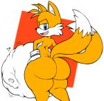  2_tails anthro belly big_belly big_butt blue_eyes bulge butt canine digestion fox huge_butt imprint looking_at_viewer male male_pred mammal miles_prower multi_tail overweight post_vore simple_background sonic_(series) spaghettiz video_games vore wide_hips 