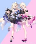  2girls =_hair_ornament alternate_costume animal_ear_fluff animal_ears ankle_belt ankle_ribbon beckoning bell_sleeves black_dress blonde_hair blue_eyes blue_streaks bow bow_choker bow_skirt breasts buttons chest_bow choker cleavage commentary_request company_name copyright_notice cross-laced_clothes cross-laced_legwear crossed_bangs detached_sleeves dog_ears dog_girl dog_tail double-breasted dress fang frilled_skirt frills full_body fur_collar fuwawa_abyssgard hair_intakes hair_ornament halter_shirt halterneck high_heels hololive hololive_english idol_clothes lace-trimmed_shirt lace_trim layered_skirt leg_ribbon leg_up long_hair midriff_peek mococo_abyssgard multicolored_hair multiple_girls off_shoulder official_art pink_eyes pink_streaks plaid_clothes plaid_skirt pleated_skirt puffy_short_sleeves puffy_sleeves ribbon riichu shirt short_hair short_sleeves showgirl_skirt siblings sidelocks sisters skin_fang skirt smile standing standing_on_one_leg streaked_hair tail thigh_strap twins two-tone_background two_side_up v virtual_youtuber watch wristwatch x_hair_ornament 
