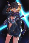  1girl ahoge artoria_pendragon_(all) baseball_cap blonde_hair blue_eyes blue_scarf cowboy_shot fate/grand_order fate_(series) hat highres jacket mysterious_heroine_x open_clothes open_jacket scarf shirokuma1414 shorts smile solo sword tagme weapon 