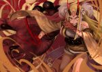  1girl bare_shoulders blonde_hair claws fate/grand_order fate_(series) female giant_hand horns ibaraki_douji_(fate/grand_order) kimono long_hair looking_at_viewer off_shoulder oni oni_horns peperon_(peperou) peperou pointy_ears short_kimono solo wafuku wide_sleeves yellow_eyes yellow_kimono 