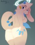 angela_flux anthro arm_tuft atlyss bell bell_piercing big_breasts big_butt big_ears blue_body blue_eyes blue_fur blue_horn blue_tail_tip blue_tail_tuft breasts butt butt_focus cheek_markings dipstick_tail elbow_tuft eyebrows eyelashes eyewear facial_markings female floppy_ears fluffy fluffy_ears fluffy_tail fur fur_markings glasses gold_bell halo hand_on_butt head_markings head_tuft hi_res horn huge_butt kubold_(atlyss) long_tail looking_at_viewer looking_back looking_back_at_viewer marbleous markings piercing pink_inner_ear pose presenting presenting_hindquarters rear_view side_boob simple_background smile smiling_at_viewer solo tail tail_markings tail_tuft thick_thighs tuft wearing_glasses white_body white_fur wide_hips