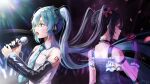  2girls absurdres aqua_eyes aqua_hair aqua_nails aqua_necktie aqua_trim arm_strap arm_tattoo audience bare_shoulders black_choker black_dress black_gloves black_hair black_headphones black_sleeves bow choker collared_shirt cross-laced_clothes cross-laced_dress detached_sleeves dress dual_persona earrings english_commentary falling_petals flower frilled_choker frilled_gloves frills gloves glowstick hair_between_eyes hair_bow hair_ornament hatsune_miku highres holding holding_flower holding_microphone jewelry lipstick long_hair looking_ahead makeup microphone multiple_girls music necktie number_tattoo open_mouth petals porukana red_bow red_eyes red_flower red_rose rose shirt signature singing sleeveless sleeveless_shirt stage stage_lights standing tattoo twintails vocaloid white_shirt wide_sleeves 