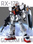  aeug beam_rifle character_name commentary_request earth_(planet) energy_gun english_text green_eyes gundam gundam_mk_ii highres holding holding_weapon machinery mecha mecha_focus mobile_suit nanatsuki_(arca-nize) no_humans planet robot science_fiction shield v-fin weapon zeta_gundam zeta_gundam_define 