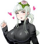  :3 black_sweater blue_eyes breasts elf-san_wa_yaserarenai. eyebrows_visible_through_hair fingernails flower green_hair hair_flower hair_ornament heart highres huge_breasts kusahanada long_hair long_sleeves looking_at_viewer pointy_ears ponytail ribbed_sweater simple_background sleeves_past_wrists smile solo sweater synecdoche thick_eyebrows turtleneck upper_body white_background 