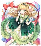  :d balloon bangs blonde_hair bow bowtie cleavage_cutout clenched_hands dress flower frilled_dress frills gloves green_bow green_dress green_eyes green_hairband green_neckwear hair_bow hairband hand_on_own_cheek highres lemon_print lolita_fashion lolita_hairband long_hair looking_at_viewer one_side_up open_mouth original print_dress red_ribbon ribbon rose short_sleeves sigi smile solo streamers white_gloves 