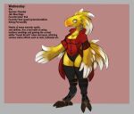 anthro avian bare_thighs beak bird blue_eyes breasts cheek_tuft chest_tuft chocobo clothing description dipstick_feathers english_text facial_tuft feather_hair feathered_crest feathers feet female final_fantasy head_crest hi_res holding_out_hand jacket leg_armor legwear model_sheet non-mammal_breasts pseudo_hair red_clothing robomax simple_background smile solo square_enix standing tail tail_feathers talons text thick_thighs thigh_highs toes topwear tuft underwear wednesday_(robomax) winged_arms wings yellow_body yellow_feathers