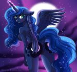  2018 anthro anthrofied anus areola blue_eyes blue_feathers blue_hair breasts butt cutie_mark digital_media_(artwork) dock equine feathered_wings feathers female friendship_is_magic full_moon hair horn ketty-leopardess long_hair looking_back mammal moon my_little_pony nipples princess_luna_(mlp) pussy solo winged_unicorn wings 