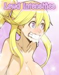  ahegao animal_ears bangs blonde_hair blue_eyes blush breasts centorea_shianus clenched_teeth commentary cum english english_commentary facial heart heart-shaped_pupils horse_ears horse_girl large_breasts long_hair materclaws meme monster_musume_no_iru_nichijou nude ponytail solo symbol-shaped_pupils teeth upper_body wide-eyed 