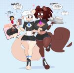 2024 3_toes 4_fingers american_red_squirrel anthro big_breasts big_butt bites_(kilinah) black_body black_bottomwear black_clothing black_feathers black_hair black_shirt black_skirt black_topwear blush bottomwear bovid breasts brown_hair bulge butt butt_grab caprine cleavage cleavage_cutout clenched_teeth clothed clothing coffee_(buxy) coffee_cup container cuff_(restraint) cup cutout dialogue digital_media_(artwork) duo_focus english_text eyebrow_through_hair eyebrows eyelashes feathers feet female femboy fingers footwear group hair halftone halftone_background hand_on_butt heart_symbol hi_res holding_object horn izzy_(buxy) kilinah male mammal midriff name_tag necktie notebook open_mouth pattern_background pine_squirrel plate restraints rodent sciurid sheep shirt short_hair simple_background skirt socks speech_bubble tail teeth text thick_thighs toeless_footwear toes topwear translucent translucent_hair tree_squirrel uniform white_clothing white_footwear white_hair white_socks wrist_cuffs