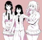  3girls :d arm_hug bags_under_eyes blazer blush cardigan commentary cowboy_shot girl_sandwich jacket kuroki_tomoko long_hair long_skirt low_twintails monochrome multiple_girls necktie nemoto_hina open_mouth orikuchi_hirata pleated_skirt sandwiched school_uniform simple_background single_stripe skirt sleeve_tug smile sweatdrop sweater tamura_yuri twintails two_side_up watashi_ga_motenai_no_wa_dou_kangaetemo_omaera_ga_warui! 