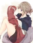  bangs blush brown_hair closed_mouth collarbone eyebrows_visible_through_hair from_side grey_hair hair_bun hood hoodie looking_at_viewer original purple_eyes shiina_kuro shorts sidelocks sleeves_past_wrists solo striped striped_hoodie thighs 