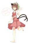  1girl :d absurdres animal_ear_fluff animal_ears ass bare_legs barefoot blush bow bowtie breasts brown_eyes brown_hair cat_ears cat_tail chen double-parted_bangs english_text fang frills gold_trim hair_between_eyes hand_up happy hat heart highres looking_back medium_breasts mob_cap multiple_tails nekomata open_mouth puffy_short_sleeves puffy_sleeves red_skirt red_vest running seika_okawari short_hair short_sleeves simple_background skirt skirt_set smile soles solo speech_bubble standing standing_on_one_leg tail toes touhou twisted_torso two_tails vest waving white_background white_bow white_bowtie 