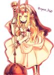  bare_shoulders blonde_hair bridal_veil cosplay fate/grand_order fate_(series) female frankenstein&#039;s_monster_(fate) frankenstein&#039;s_monster_(fate)_(cosplay) horns ibaraki_douji_(fate/grand_order) long_hair looking_at_viewer mace monster_girl pixiv_id_888743 simple_background slit_pupils solo tagme tattoo weapon white_background 