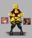 absurd_res after_vore anthro avian bare_thighs beak belly big_belly big_breasts bird blonde_hair blue_eyes blush breasts canid canine cheek_tuft chocobo cleavage clothed clothing dipstick_feathers english_text expansion facial_tuft feather_hair feathered_crest feathers feet female female_pred female_prey final_fantasy fox group hair head_crest hi_res holding_belly huge_belly jacket legwear lira_(lira13) mammal multiple_prey non-mammal_breasts pseudo_hair red_clothing robomax simple_background sound_effects square_enix standing tail tail_feathers talons taur text thick_thighs thigh_expansion thigh_highs toes topwear torn_clothing trio tuft underwear vore wednesday_(robomax) winged_arms wings yellow_body yellow_feathers