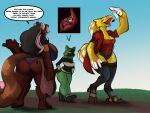 absurd_res anthro avian bare_thighs beak big_breasts big_butt bird black_body black_fur bottomwear breasts brown_body brown_fur butt cheek_tuft chocobo cleavage clothed clothing dipstick_feathers domestic_cat english_text facial_tuft feather_hair feathered_crest feathers feet felid feline felis female female_pred female_prey final_fantasy fully_clothed fur group hair head_crest hi_res huge_breasts lagomorph leg_armor leporid mammal micro non-mammal_breasts open_beak open_mouth pants paws pseudo_hair rabbit red_clothing robomax simple_background smile square_enix standing tail tail_feathers talons text thick_thighs toes topwear tuft vore walking wednesday_(robomax) winged_arms wings yellow_body yellow_feathers