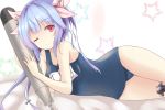  ;o bad_id bad_pixiv_id bare_shoulders blue_hair breasts eyebrows_visible_through_hair hair_ribbon holding holding_torpedo i-19_(kantai_collection) kantai_collection kyo1996329 large_breasts long_hair looking_at_viewer lying name_tag on_bed on_side one-piece_swimsuit one_eye_closed red_eyes ribbon school_swimsuit solo swimsuit torpedo tri_tails 