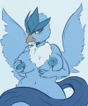  5_fingers anthro anthrofied areola articuno avian beak big_breasts blue_feathers blue_nipples blue_tail breasts convenient_censorship feathers female fingernails front_view grey_eyes half-length_portrait holding_breast humanoid_hands legendary_pok&eacute;mon looking_at_viewer neck_tuft nintendo nipples pinup pok&eacute;mon pok&eacute;mon_(species) pok&eacute;morph portrait pose rainbowsprinklesart simple_background smile solo tuft video_games white_background 