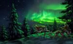  2016 ambiguous_gender anthro antlers aurora_borealis cervine detailed_background digital_media_(artwork) feral heyriel horn lagomorph mammal night outside rabbit reindeer sky snow star starry_sky tree 