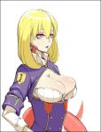  black_border blonde_hair border breasts cleavage_cutout collared_shirt commentary english_commentary eyeshadow icti_(materclaws) jacket lamia large_breasts looking_at_viewer makeup materclaws medium_hair monster_girl original parted_lips purple_eyes scales shirt simple_background solo upper_body white_background white_shirt wing_collar 