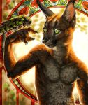  2016 5_fingers anthro arthropod brown_fur caracal detailed_background digital_media_(artwork) duo feline feral fur green_eyes heyriel insect male mammal moth snaked whiskers 