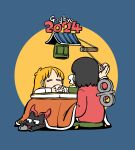  2024 2girls absurdres arawi_keiichi black_hair blonde_hair cat closed_eyes drinking highres long_sleeves multiple_girls nichijou professor_shinonome sakamoto_(nichijou) shinonome_nano sitting winding_key 