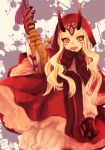  blonde_hair claws fate/grand_order fate_(series) horns ibaraki_douji_(fate/grand_order) long_hair looking_at_viewer monster_girl oni red_riding_hood red_riding_hood_(cosplay) slit_pupils smile sword tattoo weapon yellow_eyes 