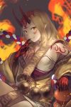  1girl bare_shoulders blonde_hair claws fate/grand_order fate_(series) female fire highres horns ibaraki_douji_(fate/grand_order) kimono long_hair looking_at_viewer monster_girl off_shoulder oni oni_horns pan00000 pointy_ears short_kimono smile solo tattoo wafuku wide_sleeves yellow_eyes yellow_kimono 