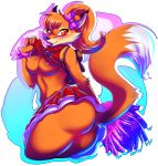  2017 alpha_channel anthro awesomenauts bow breasts butt canine clothing digital_media_(artwork) dipstick_tail female flashing fox hi_res inner_ear_fluff inuki looking_at_viewer mammal multicolored_tail nipples penny_fox ponytail solo tongue tongue_out video_games 