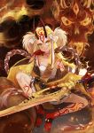  1girl abcd6453 bare_shoulders blonde_hair claws fate/grand_order fate_(series) feet female fire highres holding_sword holding_weapon horns ibaraki_douji_(fate/grand_order) kimono long_hair looking_at_viewer off_shoulder oni oni_horns short_kimono sitting solo sword wafuku weapon wide_sleeves yellow_eyes yellow_kimono 