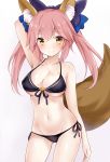  animal_ears arm_behind_head bikini black_bikini blue_ribbon blush bow breasts closed_mouth covered_nipples fate/grand_order fate_(series) fox_ears fox_tail gradient gradient_background hair_bow hair_ribbon long_hair looking_at_viewer medium_breasts navel nikoo pink_background pink_hair purple_bow ribbon side-tie_bikini smile solo standing swimsuit tail tail_raised tamamo_(fate)_(all) tamamo_no_mae_(fate) twintails white_background yellow_eyes 