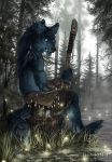  5_fingers anthro black_nose blue_eyes blue_fur canine day detailed_background digital_media_(artwork) forest fur heyriel holding_object mammal outside sitting solo staff tree 