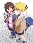 2girls :d ahoge bag black_necktie black_ribbon black_skirt black_socks blazer blonde_hair blush blush_stickers brick_floor brown_cardigan brown_eyes brown_footwear brown_hair cardigan cellphone collared_shirt drawstring from_above full_body grey_jacket hair_between_eyes hair_ribbon hands_in_pockets highres holding holding_bag holding_phone hood hood_down hoodie jacket kill_me_baby kneehighs loafers long_sleeves looking_at_another looking_at_phone medium_hair multiple_girls necktie open_clothes open_jacket open_mouth oribe_yasuna phone pink_hoodie pleated_skirt purple_eyes ribbon shirt shoes shoulder_bag skirt smartphone smile socks sonya_(kill_me_baby) twintails white_background white_shirt white_socks yachima_tana 