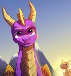  2018 digital_media_(artwork) dragon horn looking_at_viewer male momomistress mountain purple_eyes sparx spyro spyro_the_dragon video_games wings 