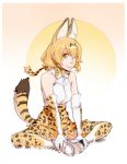  animal_ears bare_shoulders bow bowtie breasts closed_mouth commentary_request elbow_gloves gloves high-waist_skirt indian_style kemono_friends materclaws medium_breasts orange_eyes orange_hair orange_legwear orange_neckwear orange_skirt serval_(kemono_friends) serval_ears serval_print serval_tail shirt sitting skirt sleeveless sleeveless_shirt smile solo tail thighhighs white_shirt 