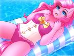  2018 absurd_res anthro clothing digital_media_(artwork) equine eyelashes female friendship_is_magic hair hi_res long_hair looking_at_viewer lying mammal my_little_pony on_back open_mouth pink_hair pinkie_pie_(mlp) solo swimsuit twistedscarlett60 water 