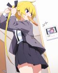  2girls adjusting_hair black_necktie black_skirt blonde_hair blue_eyes blush_stickers coat dutch_angle from_below grey_coat highres indoors kill_me_baby looking_at_another looking_back multiple_girls necktie open_clothes open_coat oribe_yasuna pleated_skirt shirt skirt sonya_(kill_me_baby) sweatdrop twintails white_shirt wooden_door yachima_tana 