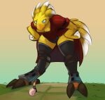 absurd_res anthro avian bare_thighs beak bird blonde_hair blue_eyes breasts canid canine cheek_tuft chocobo cleavage clothed clothing dipstick_feathers duo facial_tuft feather_hair feathered_crest feathers feet female final_fantasy fox gradient_background grass hair hands_on_hips head_crest hi_res jacket leg_armor legwear lira_(lira13) looking_down_at_another looming looming_over low-angle_view mammal micro non-mammal_breasts plant pseudo_hair red_clothing robomax simple_background smile smug square_enix standing tail tail_feathers talons thick_thighs thigh_highs toes topwear tuft underwear wednesday_(robomax) winged_arms wings worm&#039;s-eye_view yellow_body yellow_feathers