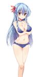  ass_visible_through_thighs bangs between_breasts bikini blue_bikini blue_hair blush braid breasts collarbone eyebrows_visible_through_hair hair_ornament hand_between_breasts highres kamishirasawa_keine large_breasts long_hair looking_at_viewer maturiuta_sorato navel orange_eyes simple_background solo standing swimsuit thigh_gap touhou white_background 