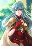  aqua_hair armor armored_dress bangs blue_eyes breastplate cape closed_mouth column day dress eirika fingerless_gloves fire_emblem fire_emblem:_seima_no_kouseki gloves hand_on_own_chest kokouno_oyazi light_particles lips long_hair looking_at_viewer nature outdoors pauldrons pillar red_dress shiny shiny_hair shoulder_armor sidelocks smile solo tree upper_body white_cape 