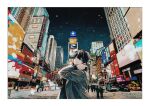  1boy black_coat black_eyes black_hair black_scarf border building car city closed_mouth coat commentary_request given hair_between_eyes hand_on_own_neck kizu_natsuki long_sleeves looking_at_viewer motor_vehicle murata_ugetsu new_york_city night night_sky official_art outdoors people scarf short_hair sky solo_focus star_(sky) starry_sky times_square upper_body white_border 