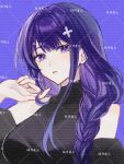  1girl alternate_costume bare_shoulders blunt_bangs braid breasts chinese_commentary close-up commission genshin_impact hand_in_own_hair hand_up head_tilt highres huiyue1016 large_breasts long_braid long_hair looking_at_viewer mole mole_under_eye multicolored_hair off_shoulder parted_lips pink_lips purple_background purple_eyes purple_hair raiden_shogun single_braid sleeveless solo streaked_hair upper_body 
