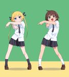  2girls ahoge bibbidiba_(hololive) black_necktie black_skirt black_socks blonde_hair blue_eyes brown_footwear brown_hair dancing full_body hair_ribbon highres kill_me_baby loafers long_hair multiple_girls necktie oribe_yasuna pleated_skirt pointing pointing_down ribbon school_uniform shoes short_hair short_sleeves skirt socks sonya_(kill_me_baby) straight-on summer_uniform twintails white_socks yachima_tana 