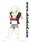  anthro arms_above_head breasts cleavage clothed clothing colored crop_top desiree_lee female ivory_(btt) james_m_hardiman lagomorph looking_at_viewer mammal panties rabbit shirt solo traditional_media_(artwork) under_boob underwear upskirt 