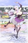  animal_ears armpits bare_shoulders blue_hair blurry blurry_background blurry_foreground breasts centaur closed_eyes commentary dancing depth_of_field detached_sleeves dress english_commentary feathers garter_straps grey_legwear hair_ornament hand_up highres horse_ears ice_skates jumping large_breasts long_sleeves materclaws monster_girl multicolored_hair original parted_lips pink_hair pleated_skirt purple_dress purple_skirt skates skating skirt smile solo star thighhighs 