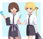  2girls bag black_necktie black_ribbon blonde_hair blue_eyes blush brown_eyes brown_hair clothes_around_waist collared_shirt food hair_ribbon highres holding kill_me_baby long_hair multiple_girls necktie open_mouth oribe_yasuna parted_lips pleated_skirt popsicle ribbon school_uniform shirt short_hair simple_background skirt sonya_(kill_me_baby) sweat twintails two-tone_background unequal_popsicle_division white_shirt yachima_tana 